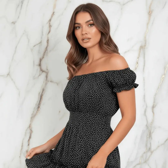 IVORYNN Women's Black Floral Off-Shoulder Smocked Mini Dress