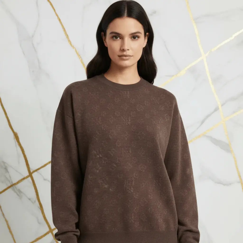 Ivorynn Dark Brown Textured Knit Sweater – Relaxed Fit Crewneck Pullover