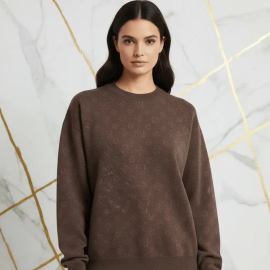 Ivorynn Dark Brown Textured Knit Sweater – Relaxed Fit Crewneck Pullover