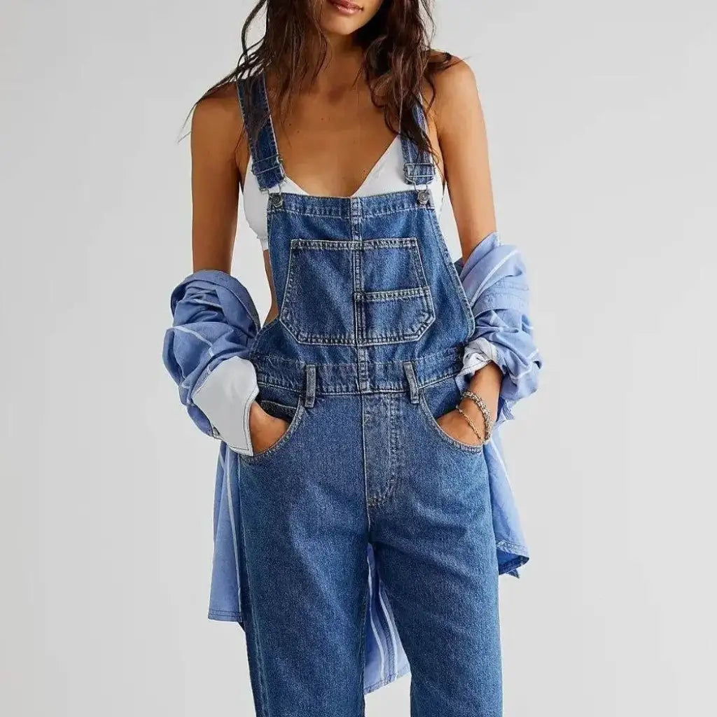 Evorin Women's Square Neck Wide Strap Denim Jumpsuit