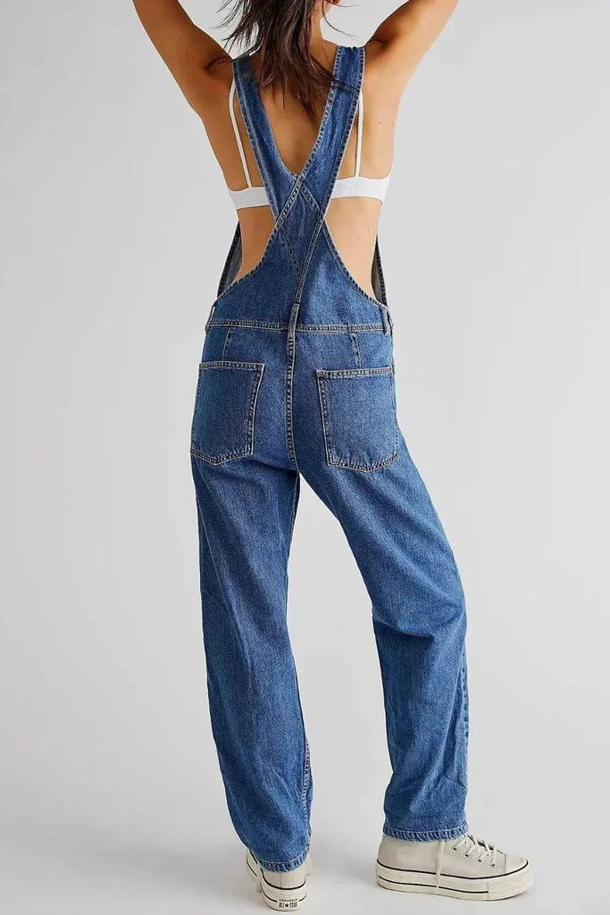 Ivorynn Women's Square Neck Wide Strap Denim Jumpsuit
