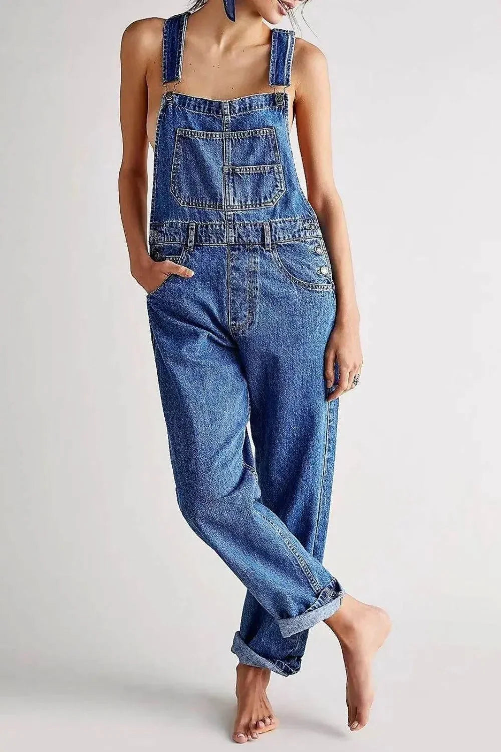 Evorin Women's Square Neck Wide Strap Denim Jumpsuit