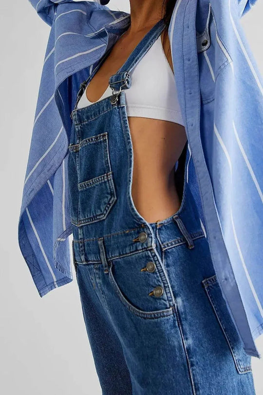 Ivorynn Women's Square Neck Wide Strap Denim Jumpsuit