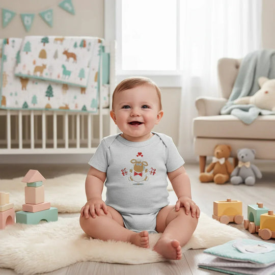 IVORYNN Baby Light Gray Short Sleeve Sheep Embroidered Bodysuit