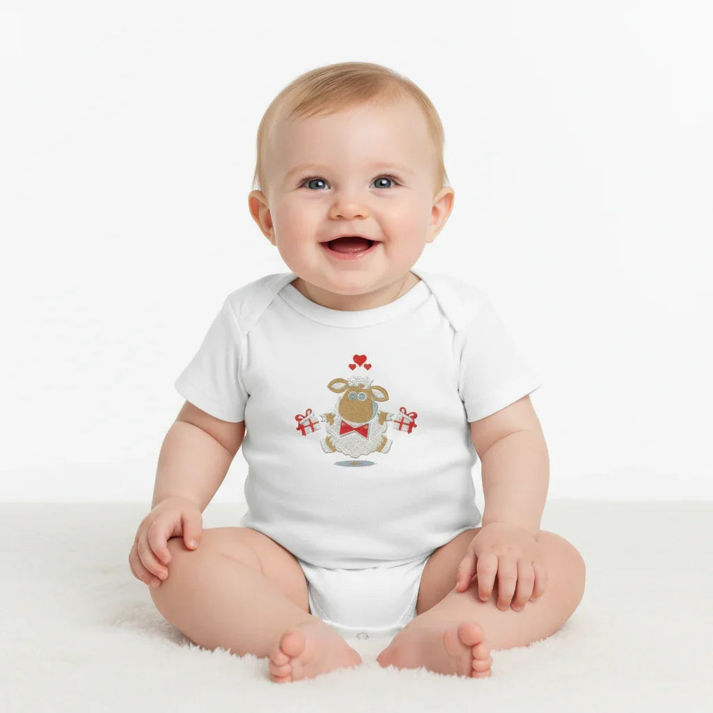 IVORYNN Baby White Short Sleeve Sheep Embroidered Bodysuit