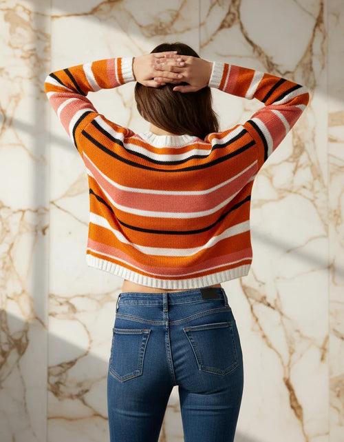 تحميل الصورة إلى عارض المعرض، Ivorynn Orange Striped Crop Sweater – Drop Shoulder Knit Pullover
