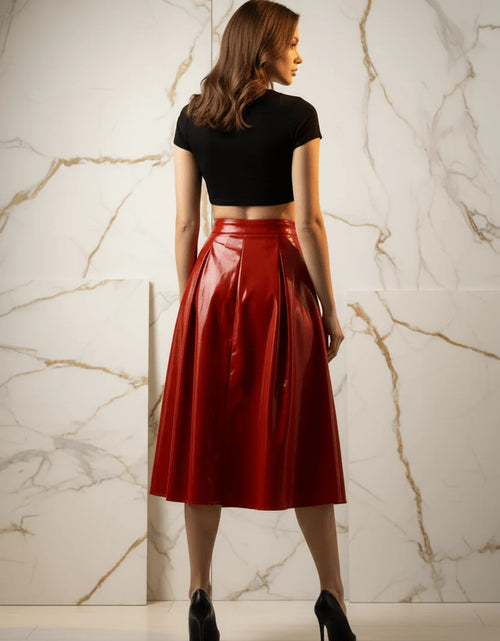 Load image into Gallery viewer, Evorin Women's Shiny Red Midi Skirt
