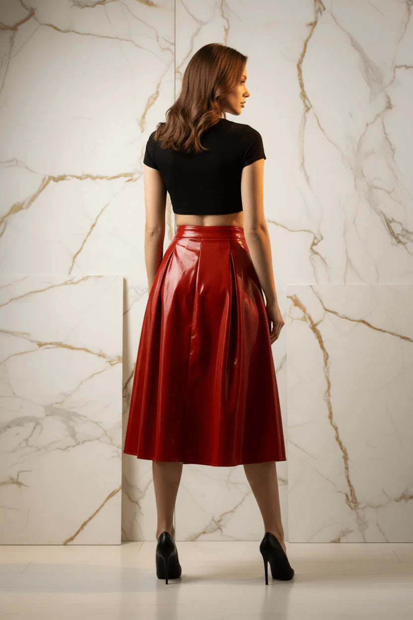 Evorin Women's Shiny Red Midi Skirt