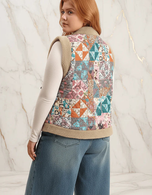 تحميل الصورة إلى عارض المعرض، Ivorynn Plus Size Sherpa Vest – Boho Patchwork Sleeveless Jacket with Toggle Buttons
