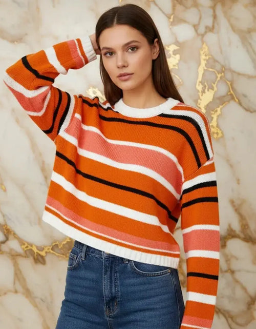 تحميل الصورة إلى عارض المعرض، Ivorynn Orange Striped Crop Sweater – Drop Shoulder Knit Pullover
