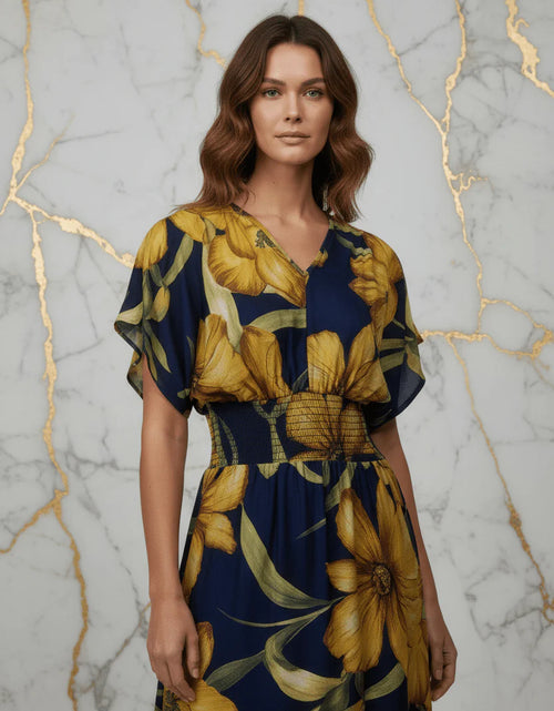 Load image into Gallery viewer, IVORYNN Women's Navy Blue Floral Print Smocked Waist Midi Dress
