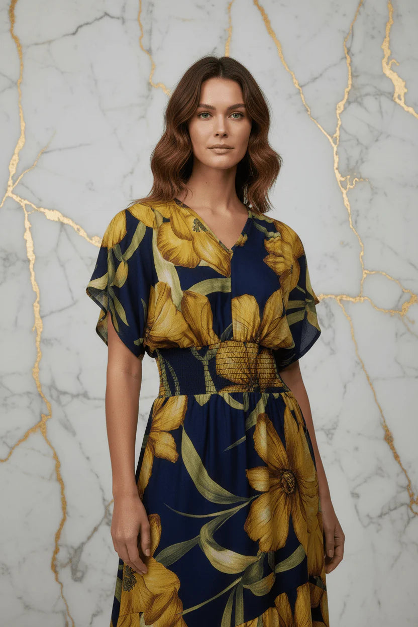 IVORYNN Women's Navy Blue Floral Print Smocked Waist Midi Dress