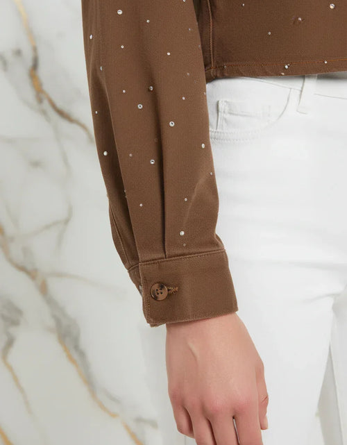Load image into Gallery viewer, IVORYNN Women's Brown Rhinestone Button-Up Cropped Shirt
