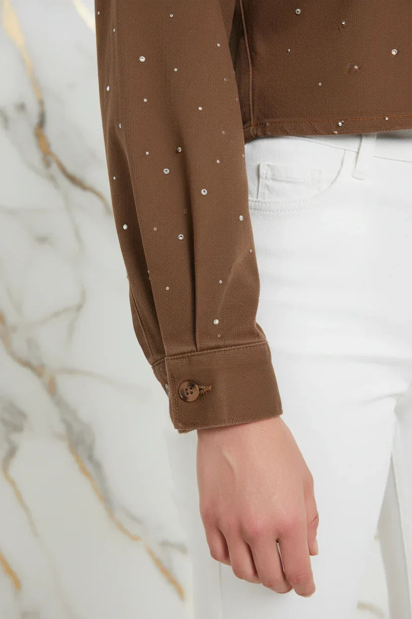 IVORYNN Women's Brown Rhinestone Button-Up Cropped Shirt