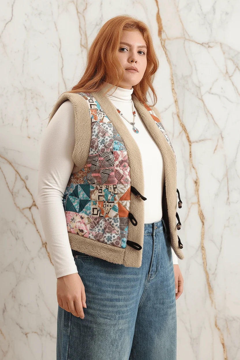 Ivorynn Plus Size Sherpa Vest – Boho Patchwork Sleeveless Jacket with Toggle Buttons