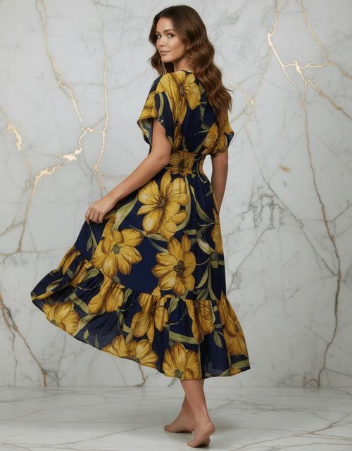 Load image into Gallery viewer, IVORYNN Women's Navy Blue Floral Print Smocked Waist Midi Dress

