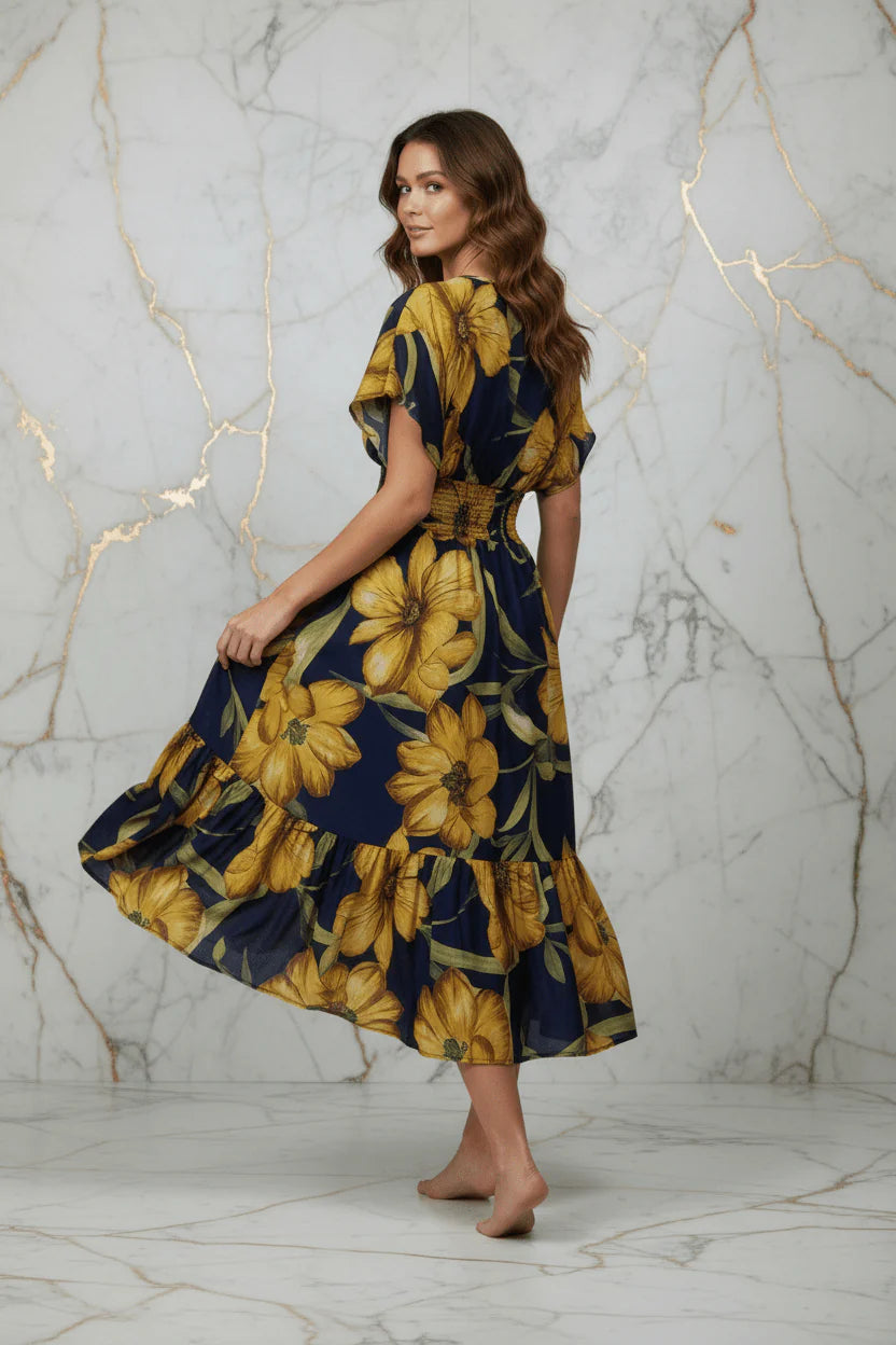 IVORYNN Women's Navy Blue Floral Print Smocked Waist Midi Dress