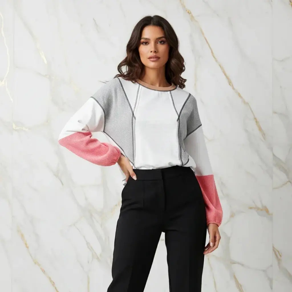 Evorin Women's White Contrast Check Knit Blouse