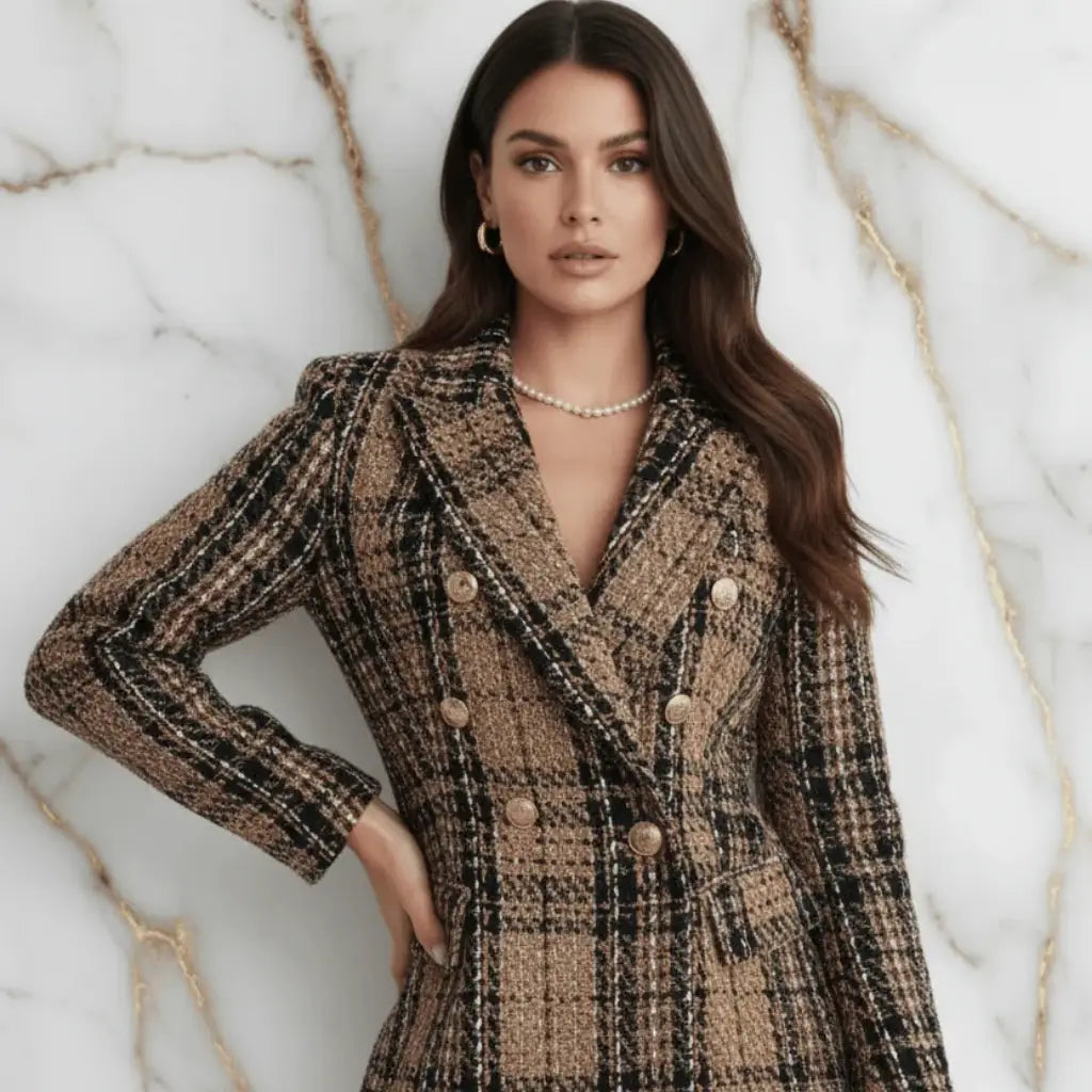 Evorin Women's Plus Size Double Breasted Brown Blazer