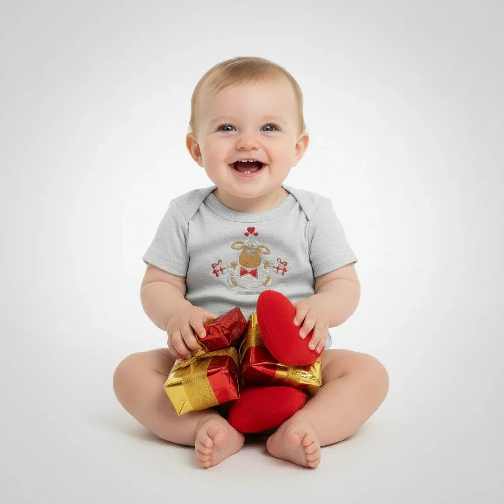 IVORYNN Baby Light Gray Short Sleeve Sheep Embroidered Bodysuit