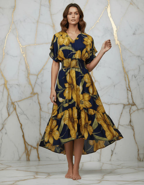Load image into Gallery viewer, IVORYNN Women's Navy Blue Floral Print Smocked Waist Midi Dress
