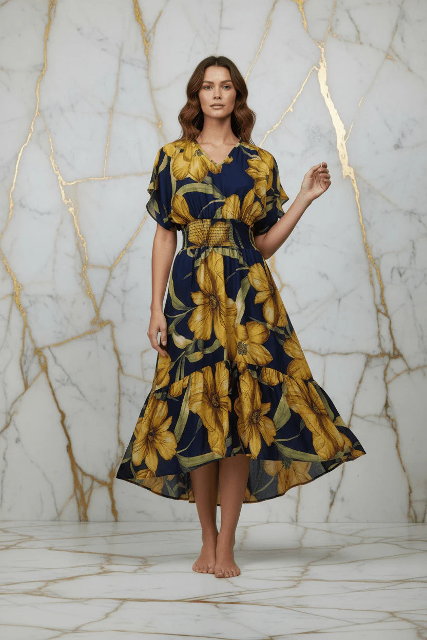 IVORYNN Women's Navy Blue Floral Print Smocked Waist Midi Dress