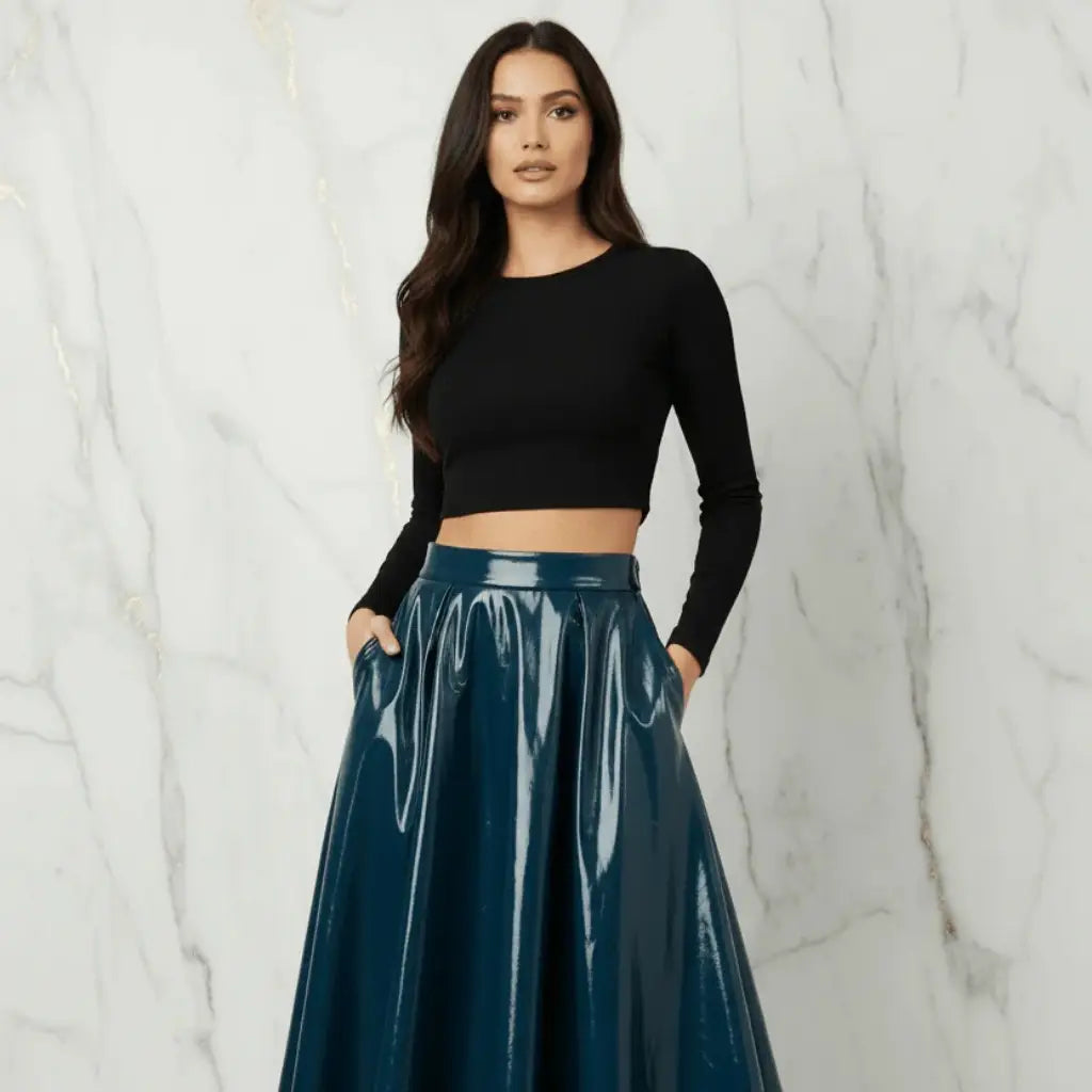 Evorin Women's Shiny Blue Midi Skirt