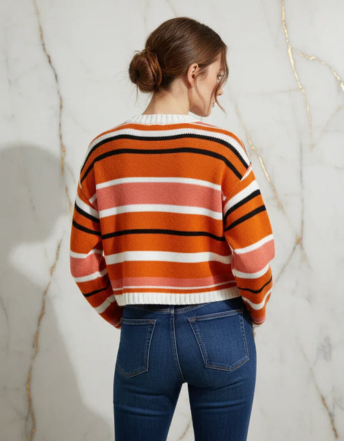 تحميل الصورة إلى عارض المعرض، Ivorynn Orange Striped Crop Sweater – Drop Shoulder Knit Pullover
