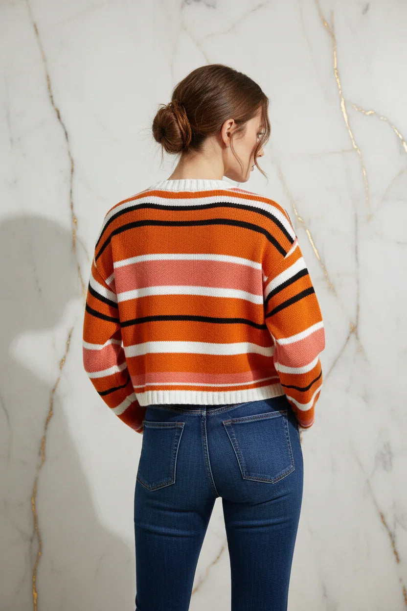 Ivorynn Orange Striped Crop Sweater – Drop Shoulder Knit Pullover