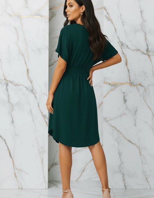 Load image into Gallery viewer, Ivorynn Women's Dark Green V-Neck Tie Waist Dress with Pockets
