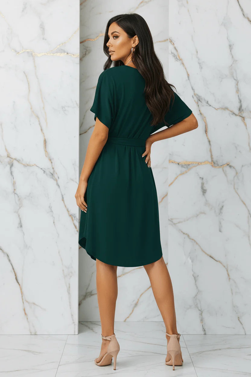 Ivorynn Women's Dark Green V-Neck Tie Waist Dress with Pockets