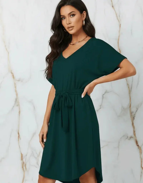 Load image into Gallery viewer, Ivorynn Women's Dark Green V-Neck Tie Waist Dress with Pockets
