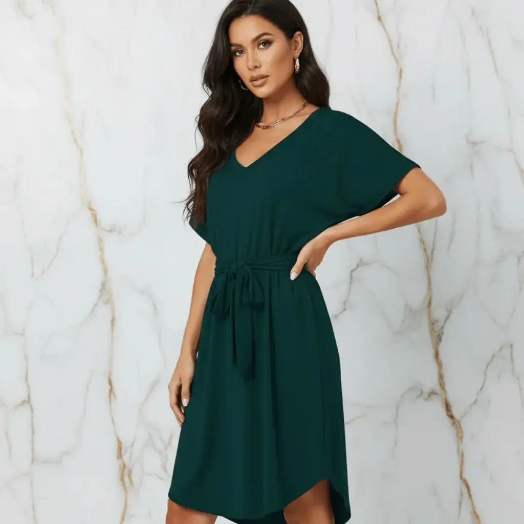 Ivorynn Women's Dark Green V-Neck Tie Waist Dress with Pockets