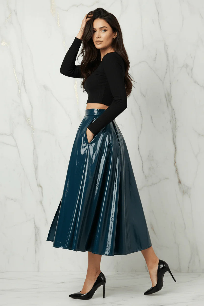 Evorin Women's Shiny Blue Midi Skirt