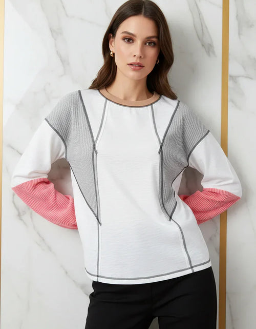 Load image into Gallery viewer, Evorin Women's White Contrast Check Knit Blouse
