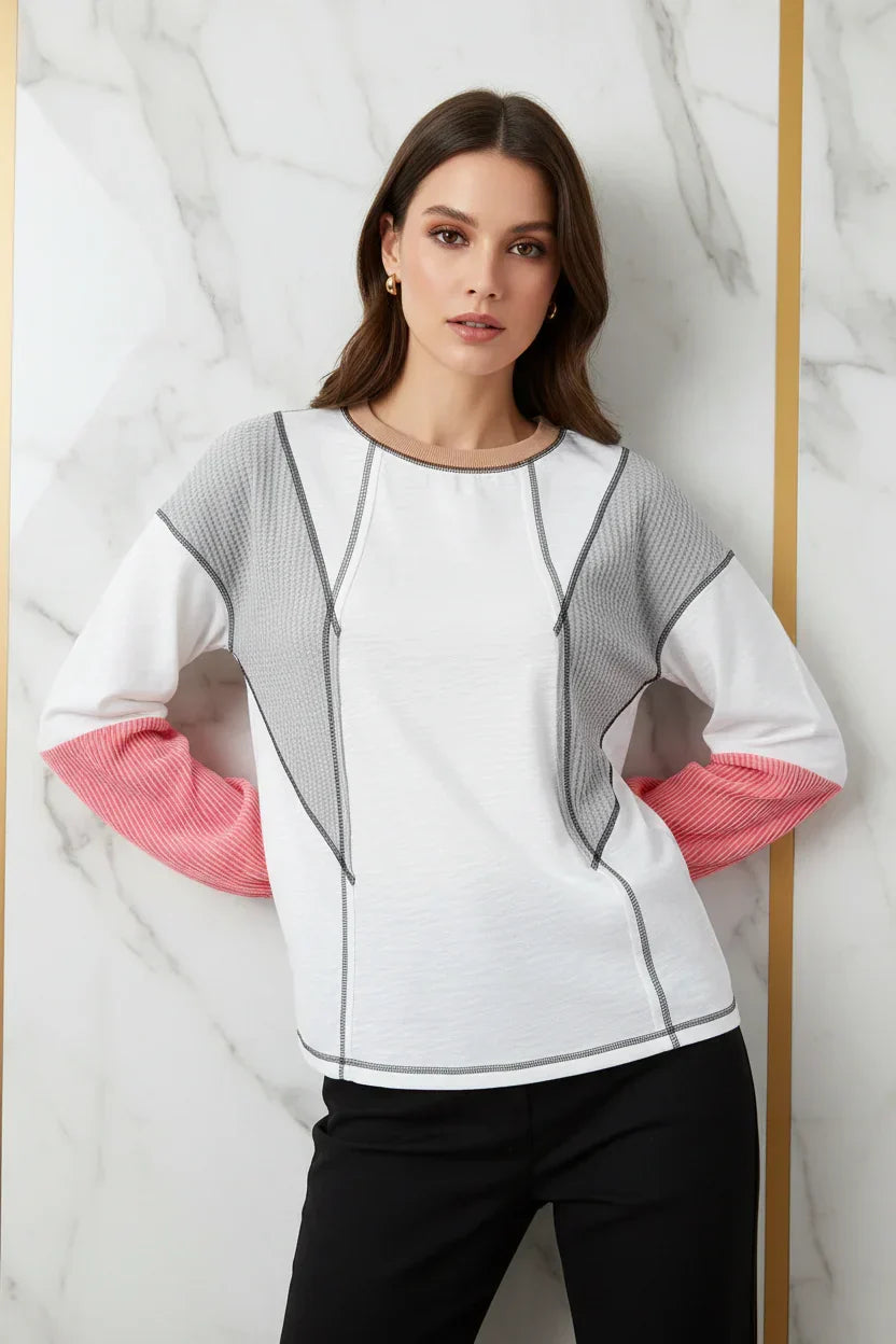 Evorin Women's White Contrast Check Knit Blouse