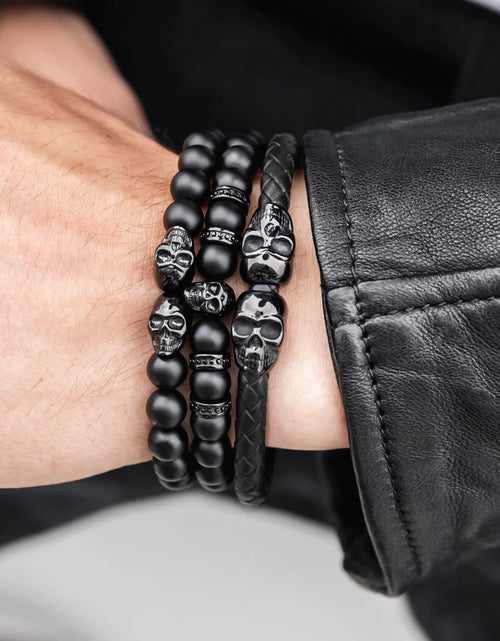 Load image into Gallery viewer, SkeletonHD Black Skull Leather Bracelet
