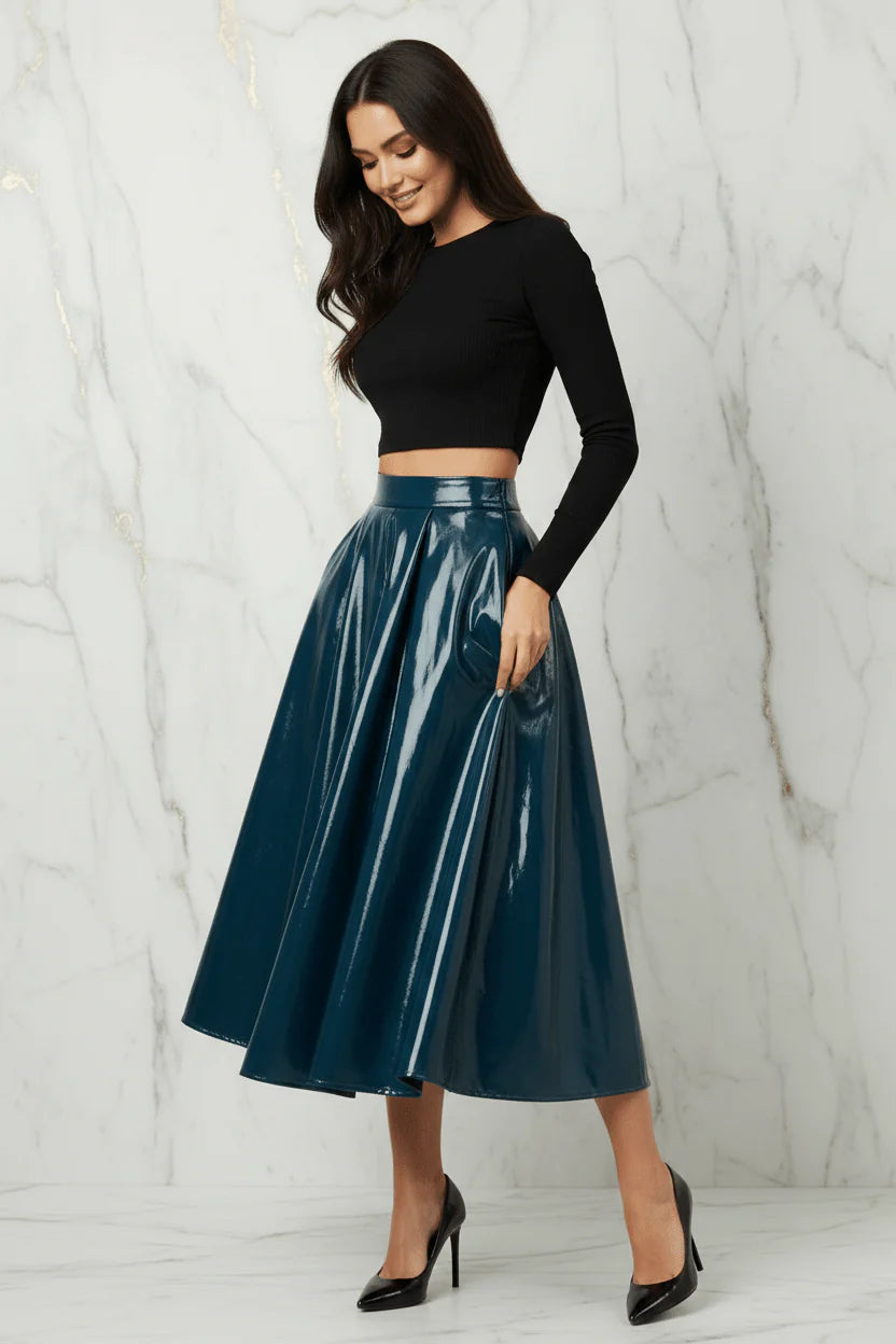 Evorin Women's Shiny Blue Midi Skirt