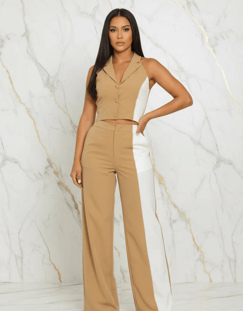 Load image into Gallery viewer, Evorin Women's Camel &amp; White Vest and Pants Co-Ord Set
