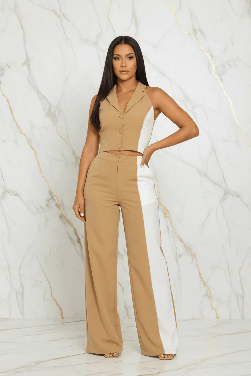 Evorin Women's Camel & White Vest and Pants Co-Ord Set
