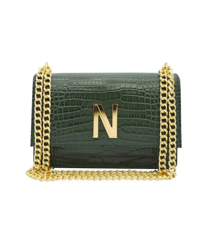 Operà Day & Night Croc Embossed green leather chain bag