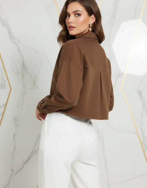 Load image into Gallery viewer, IVORYNN Women's Brown Rhinestone Button-Up Cropped Shirt
