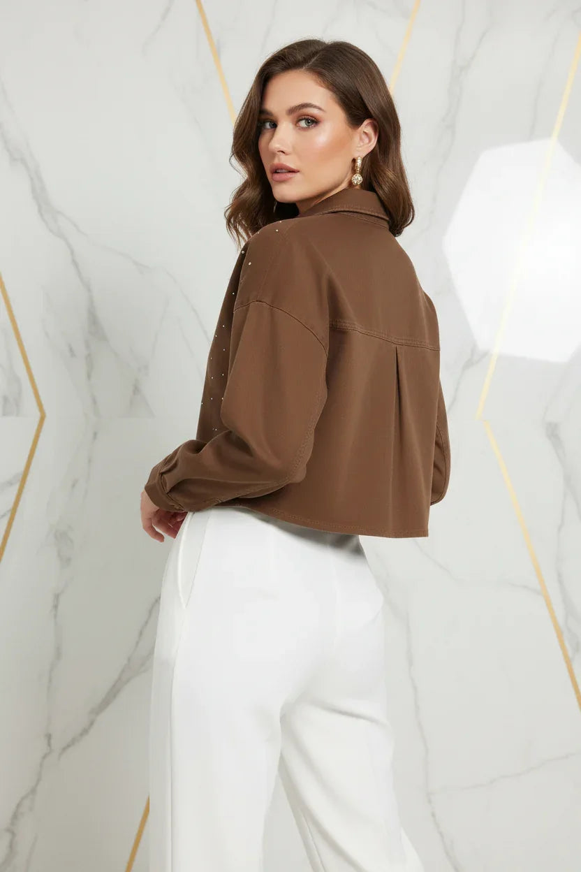 IVORYNN Women's Brown Rhinestone Button-Up Cropped Shirt