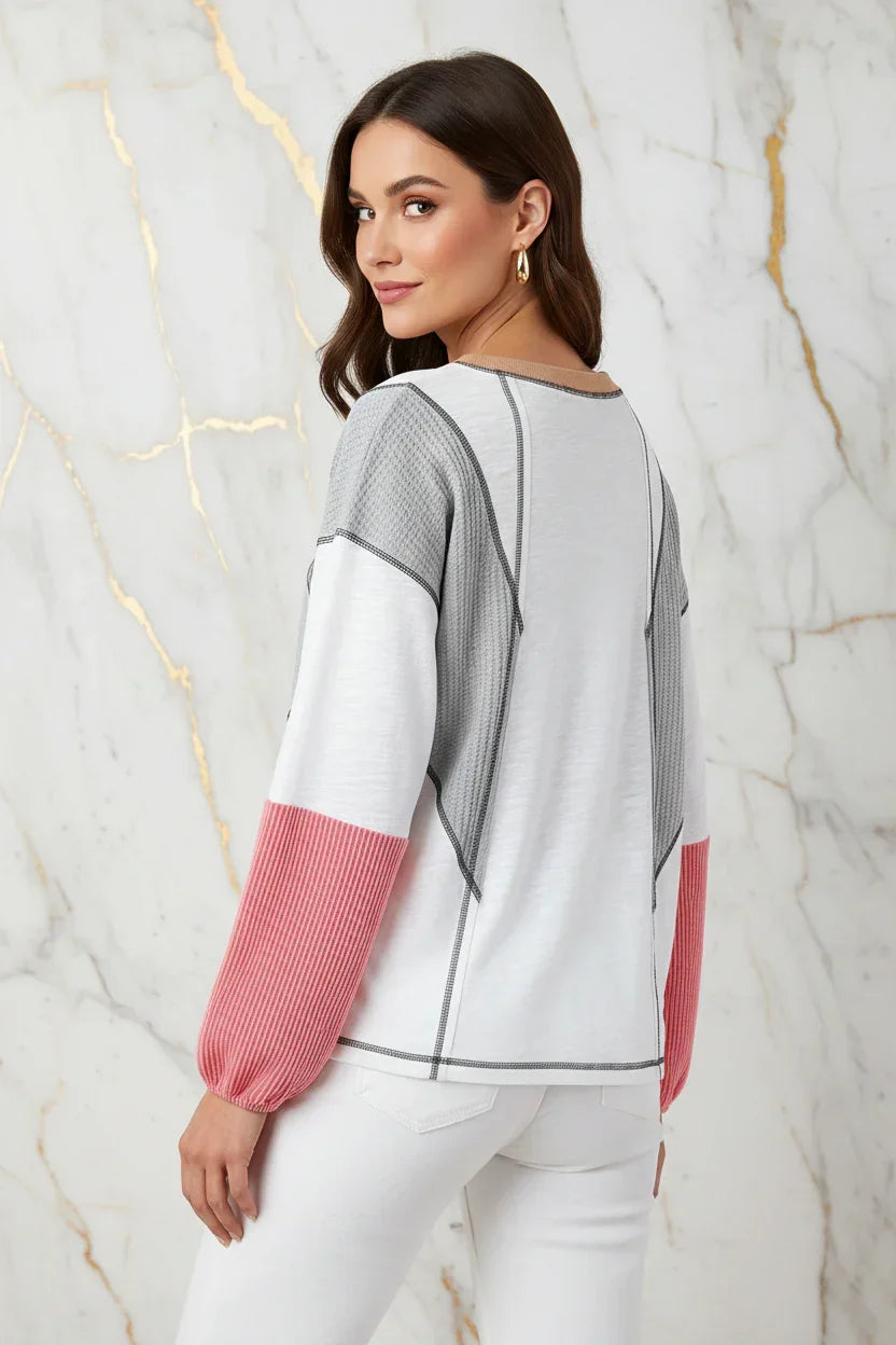 Evorin Women's White Contrast Check Knit Blouse