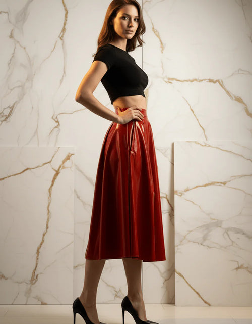 Load image into Gallery viewer, Evorin Women's Shiny Red Midi Skirt
