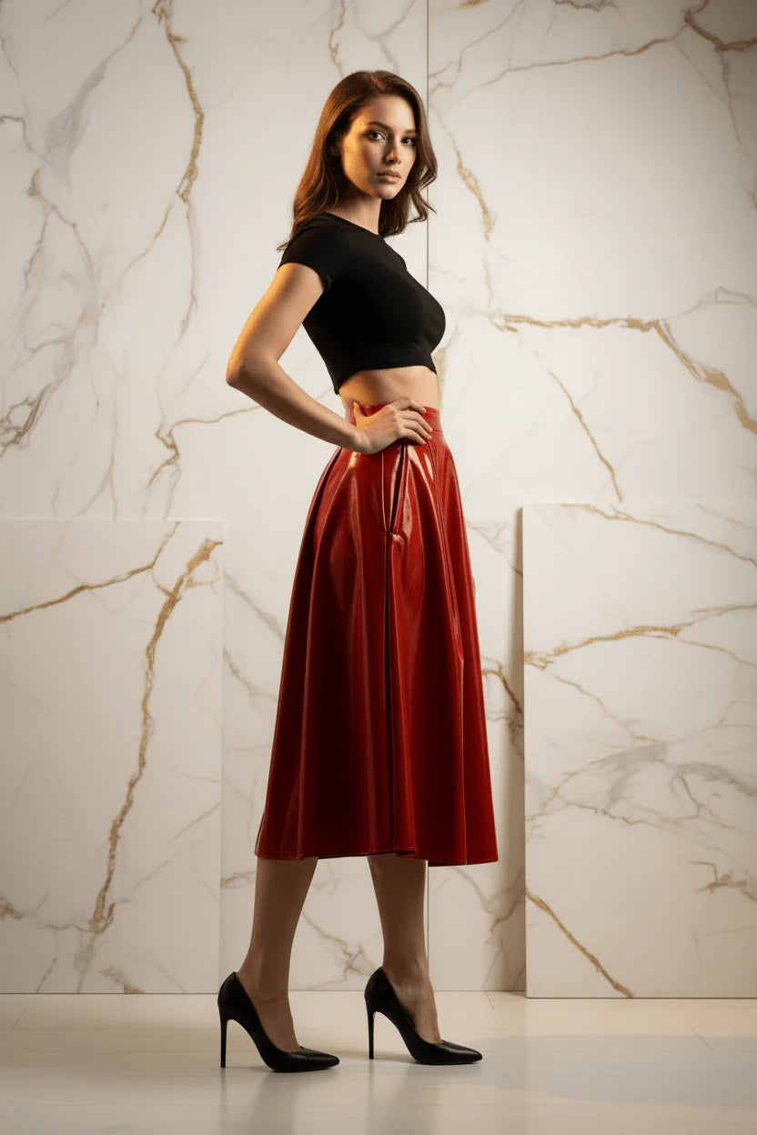Evorin Women's Shiny Red Midi Skirt