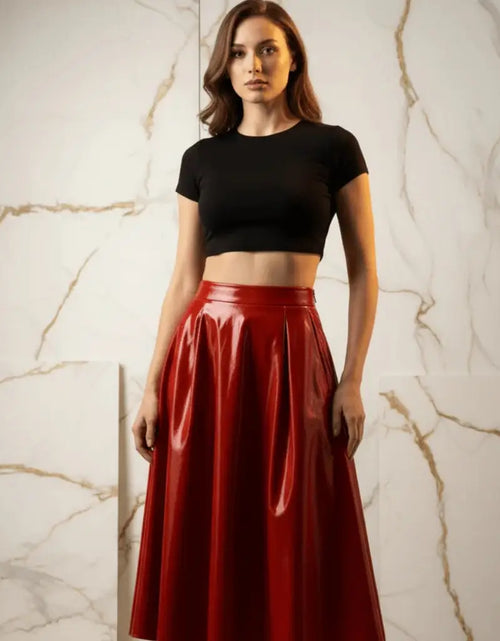 Load image into Gallery viewer, Evorin Women's Shiny Red Midi Skirt
