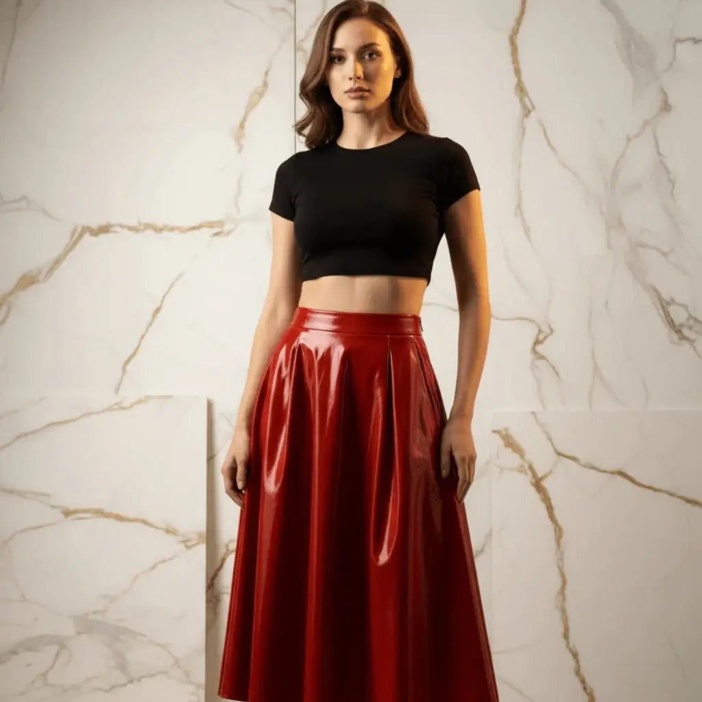 Evorin Women's Shiny Red Midi Skirt