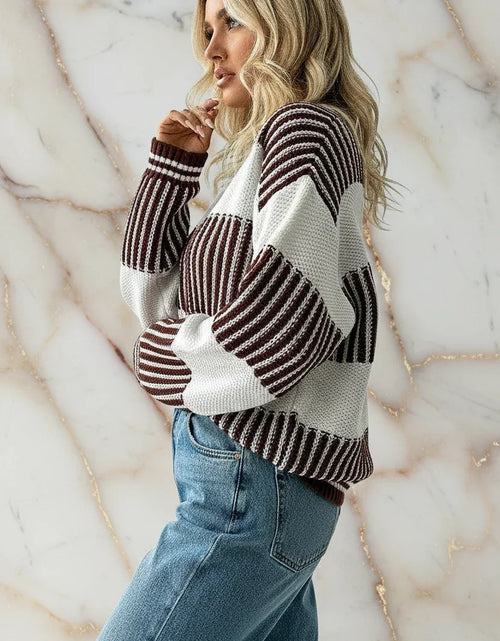 Load image into Gallery viewer, Ivorynn Brown Striped Patchwork Sweater – Drop Shoulder Knit Pullover
