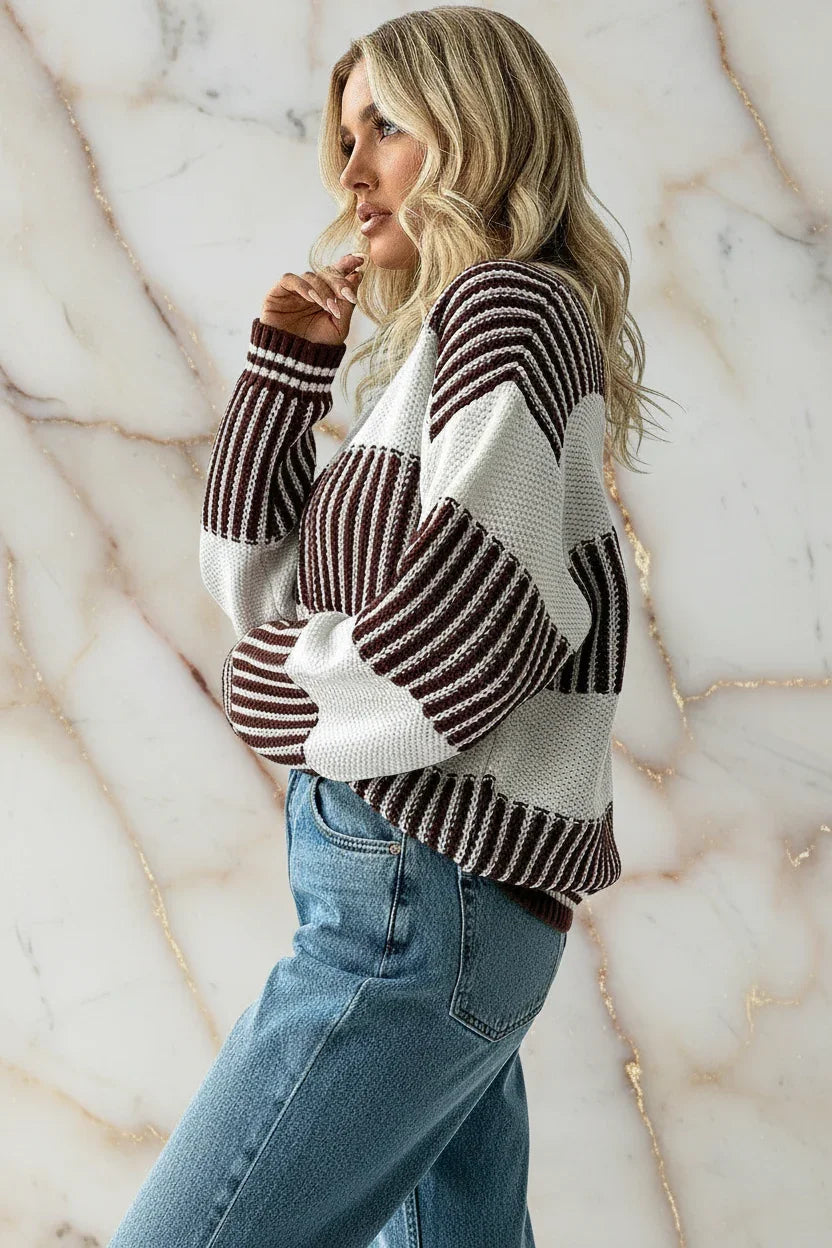 Ivorynn Brown Striped Patchwork Sweater – Drop Shoulder Knit Pullover